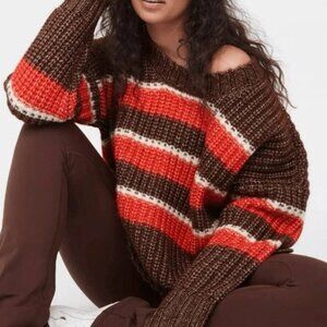 Aerie Offline Brown Orange Striped Oversized Chunky Sweater, Size XS